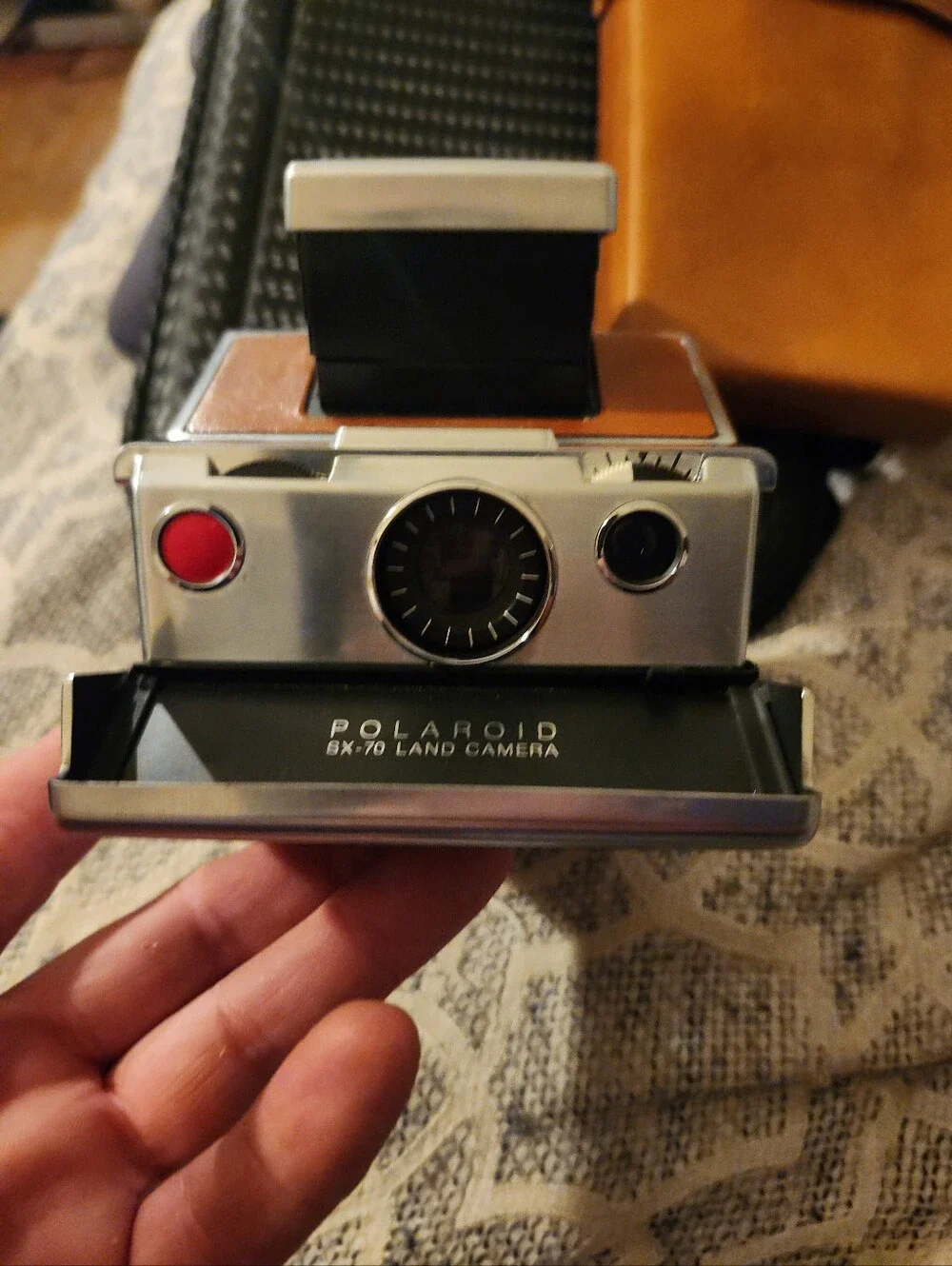 Polaroid SX-70 Land Camera in Silver with Brown and Red Accents